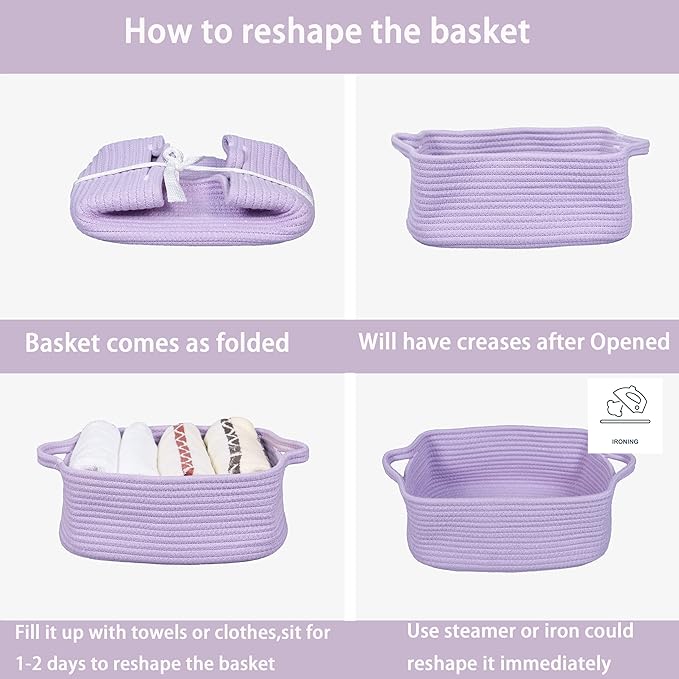 XUANGUO Woven Cotton Rope Storage Basket with Handles for Organizing Shelves Closet Small Cat Dog Pet Toy Baskets Box Bin Decorative Rectangle Baby Nursery basket Gift basket Empty(light purple)