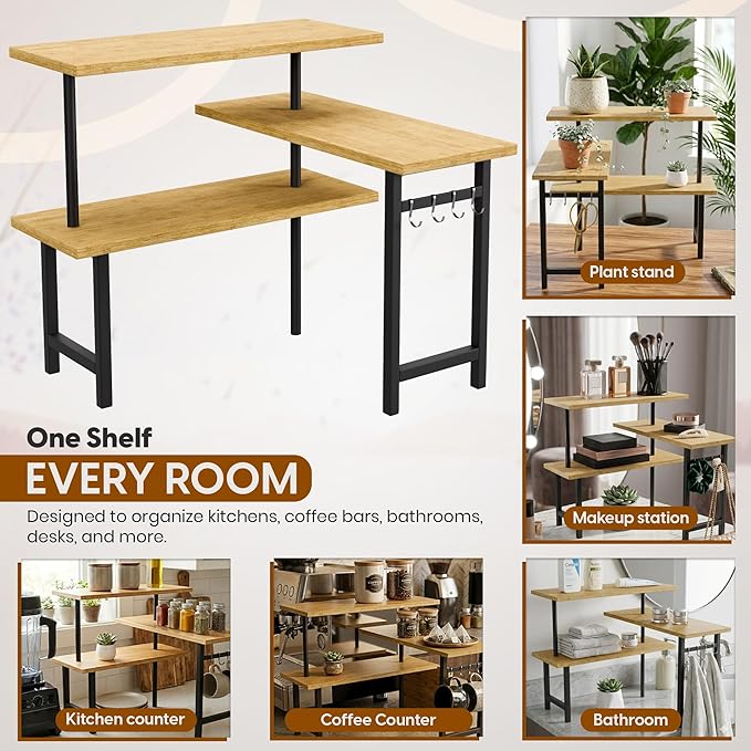 3-Tier Bamboo Corner Countertop Organizer with Extended Top Tier, Corner Shelf for Kitchen Counter, Coffee Bar Organizer, Bathroom Counter Organizer, Kitchen Corner Shelf, Space Saver