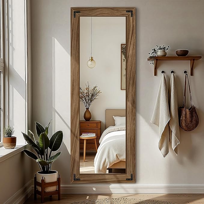 FICTOR Wooden Full Length Mirror, 65"x24" Solid Wood Frame Floor Mirror, for Farmhouse, Bedroom, Living Room, Entryway Decor, Leaning or Hanging