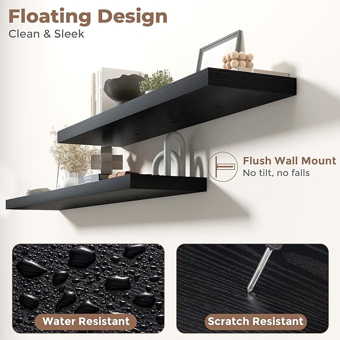72 Inch Floating Shelves for Wall with Invisible Brackets Set of 2, 12"D Engineered Wood Wall Shelves with Wood Grain for Living Room, Bedroom, Bathroom, Kitchen Decor and Storage, Black Finish