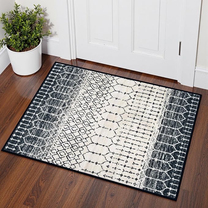 Lahome Moroccan Door Rugs for Entryway Indoor 2x3 Non-Slip Washable Front Door Mat Stain Resistant Untra-Thin Black Small Kitchen Rug, Geometric Print Inside Door Mats for Entrance Bathroom Sink Hana