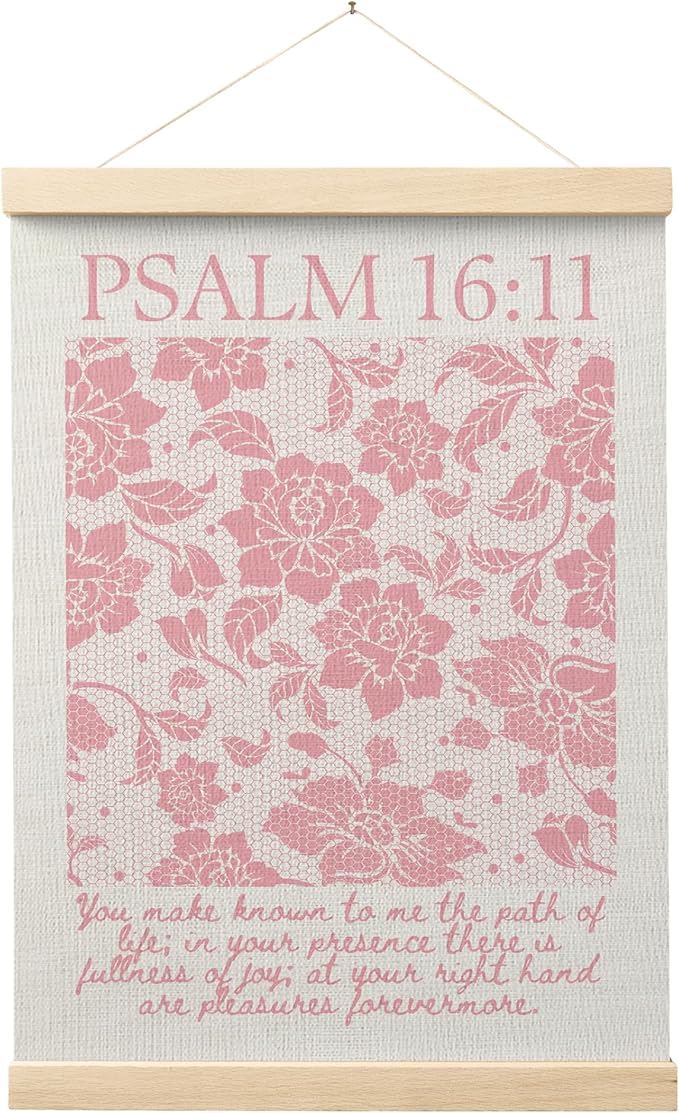 FGFK Pink Lace Floral Christian Wall Art Poster Hanger Frame, Christian Room Decor, Psalm 16:11 Bible Verse Canvas Prints Framed Wall Decor for Girls Bedroom Dorm Apartment, 12x16 Inch