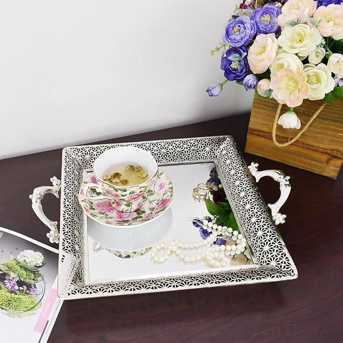 Decorative Glass Mirrored Tray Home Decor Vanity Tray for Dresser Make Up Jewelry Organizer Gold Perfume Tray Rectangle