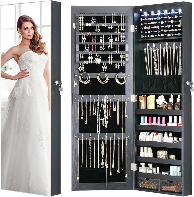 LED Jewelry Cabinet Armoire Organizer,Wall/Door Mount Jewelry Organizer and Storage with Full-Length Mirror Hanging Jewelry Organizer Full Length Mirror with Storage Large Capacity Black