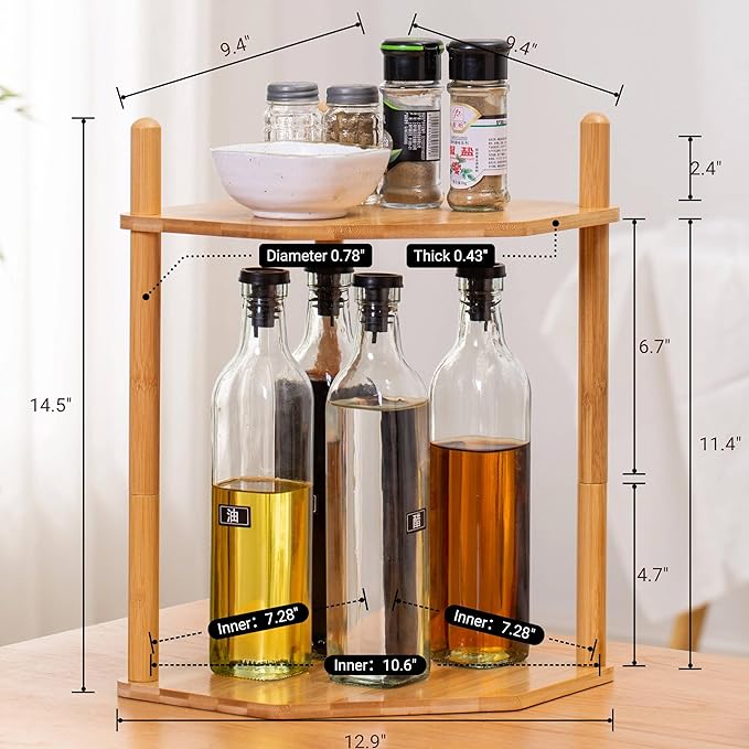 2-Tier Expandable Bamboo Corner Shelf - Dish/Plate Organizer for Cabinet, Kitchen Counter Shelf & Small Kitchen Shelf, Adjustable (1, Natural, 11.4" H)