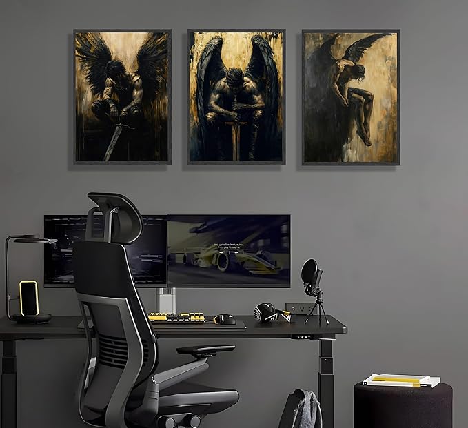 FJKLRP Gothic Dark Angel Wall Art Mural Set 3pcs Black-Winged Male Warrior Canvas Wall Decor Abstract Dark Preppy Style Poster Suitable for Living Room Bedroom and Office Unframed