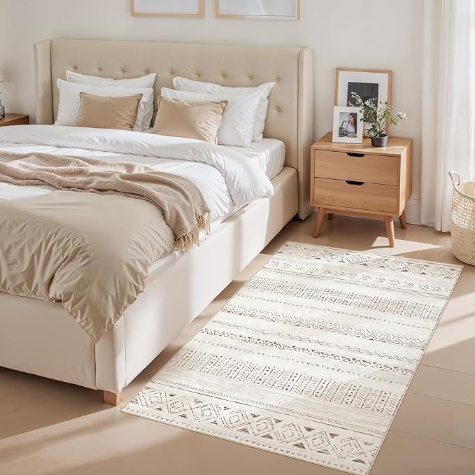 cotiled 3x5 Area Rug Living Room: Washable Boho Rugs with Non Slip Backing Small Soft Indoor Stain Resistant Carpet for Bedroom Farmhouse Dining Room Lightweight Home Decor L Brown/Cream