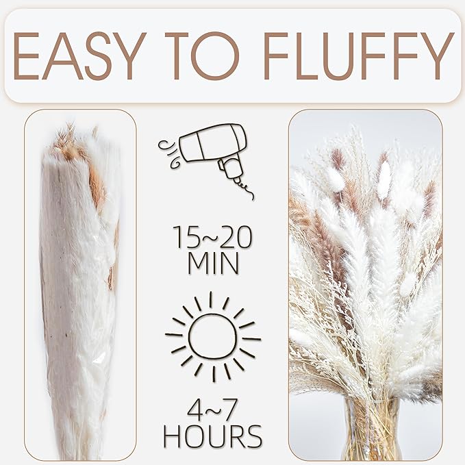 130PCS Natural Dried Pampas Grass Boho Home Decor Bouquet Phragmites Dried Flowers Bouquet for Wedding Floral Arrangements Living Room Decorations (130PCS)