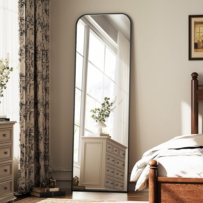 Full Length Mirror 56"x21" Arched Floor Standing Large Mirrors Full Body Mirror with Stand - with Aluminum Frame for Bedroom Living Room, Black