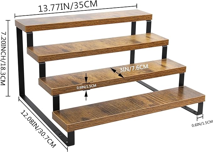 4 Step Wood Countertop Display Riser Stand,Wooden Display Riser Shelf,Spice Rack Organizer,Countertop Display Shelf for Perfume,Makeup,Figure, Bottles,Jars,Baking Supplies (Rustic Brown)