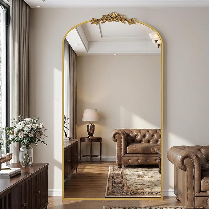 Antok Arched Full Length Mirror, 90"x46" Floor Mirror with Carved, Full Body Mirrors for HomeDecor, Standing/Halling Large Wall Mirror for Bedroom, Living Room, Cloakroom, Gold, Retro Style
