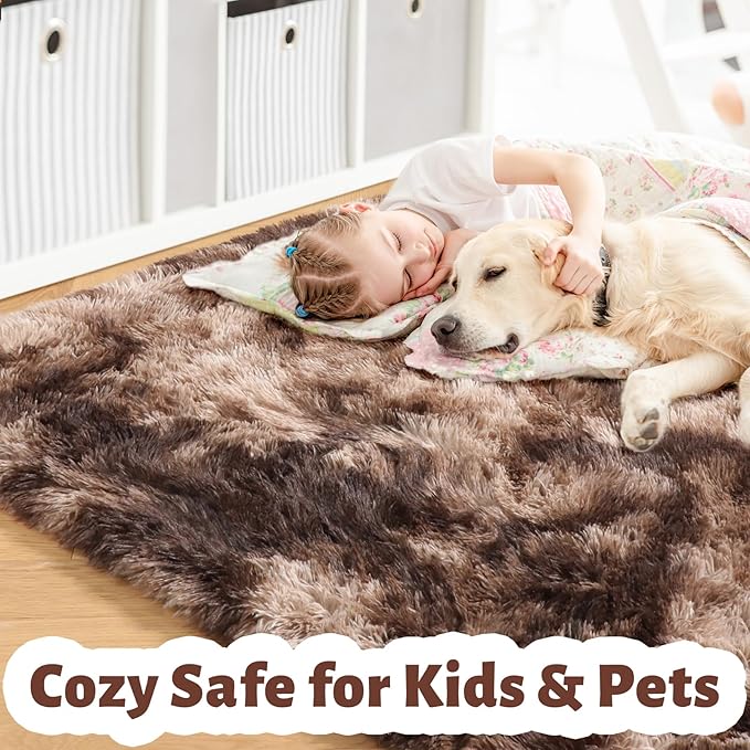 Amdrebio Tie-Dyed Brown Rugs for Bedroom Living Room, 5x7 Fluffy Shaggy Plush Area Rugs for Kids Room Decor Aesthetic, Fuzzy Furry Floor Thick Carpet for Classroom Playroom Preppy Dorm Baby Nursery