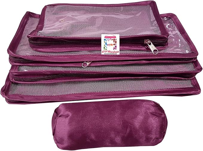 atorakushon Combo Satin Purple Make-Up Pouch Jewellery Box 4 Pouch 1 roll Bangle Bag with Velvet Cream Ring & Earring Folder Jewellery Organizer/Storage Box