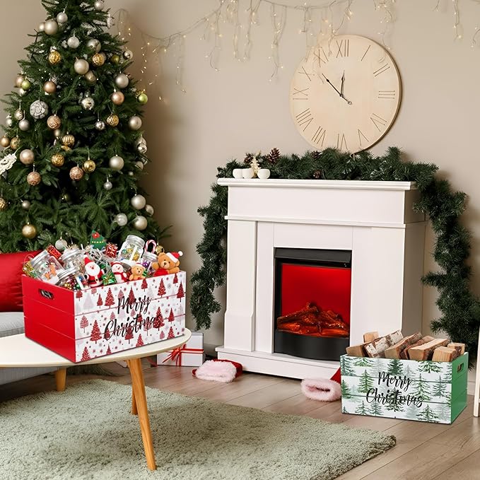 FoldTier 2 Pcs 14inch & 12inch Christmas Wood Storage Boxes with Handles Red and Green Decorative Nesting Crates Rustic Farmhouse Storage Container Xmas Decorations Organizer Bins for Home(Novel)