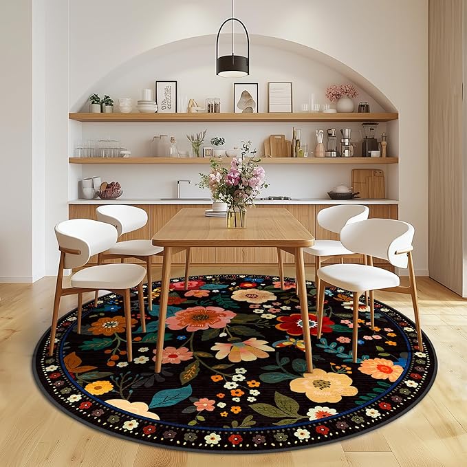 RELEANY Floral Nursery 6ft Area Rugs Washable Print Boho Cute Carpet Non Slip Flower Low Pile for Living Room Kids Girls Playroom Bedroom Kitchen Office Farmhouse-Black