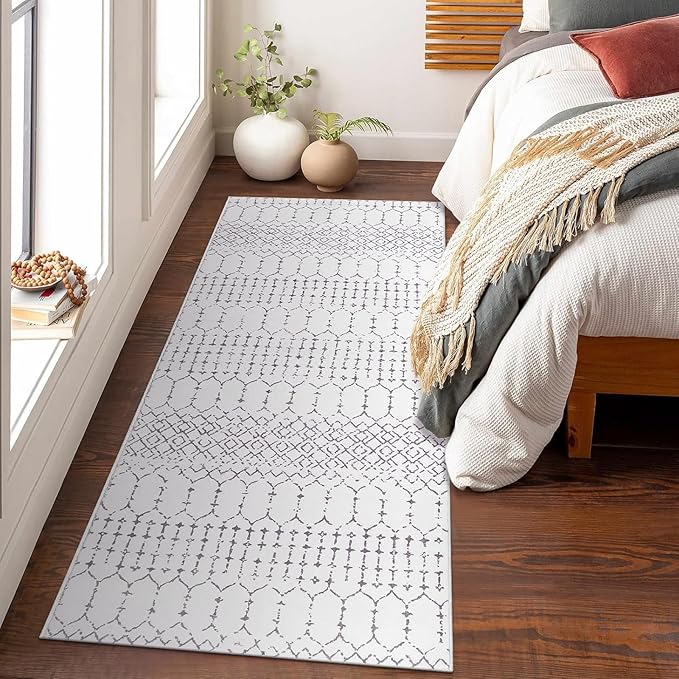 Lahome Moroccan Small Runner Rug 2x5 Rug Runner Non-Slip Washable Rug Runner Throw Lightweight Hallway Rugs Indoor Laundry Room, Geometric Print Carpet Runners for Bedroom Kitchen Hana (White, 2'x5')