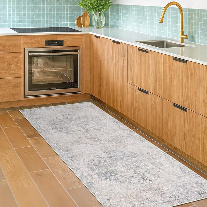 Hazo Haus Light Blue 2x5 Bathroom Runner Rug, Non-Slip Washable Runner for Kitchen, Laundry Room & Hallway, Abstract Design with Tan Accents, Eclectic Décor