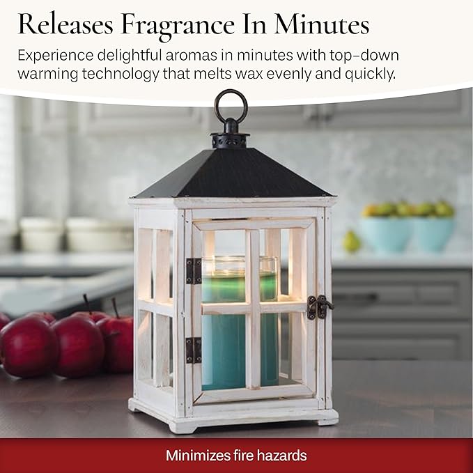 Candle Warmers Etc. White Wooden Farmhouse Lantern – for Top-Down Warming & Flame-Free Fragrance