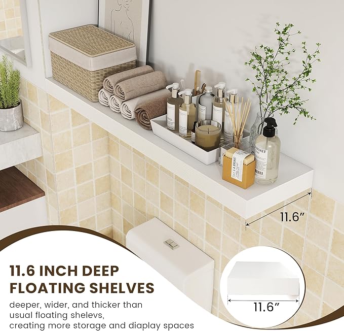 FLYJOE 48 Inch White Floating Shelf | 12 Inch Deep Floating Shelves Set of 1 | 48" D x 12" D Rustic Wood Shelves for Wall | Deep White Shelves for Living Room Bathroom Laundry Room Kitchen