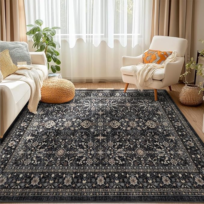 Ruaruarug Area Rug Non Slip Machine Washable Ultra Soft Living Room/Bedroom/Kitchen/Outdoor/Classroom Black Grey, 6'×9'
