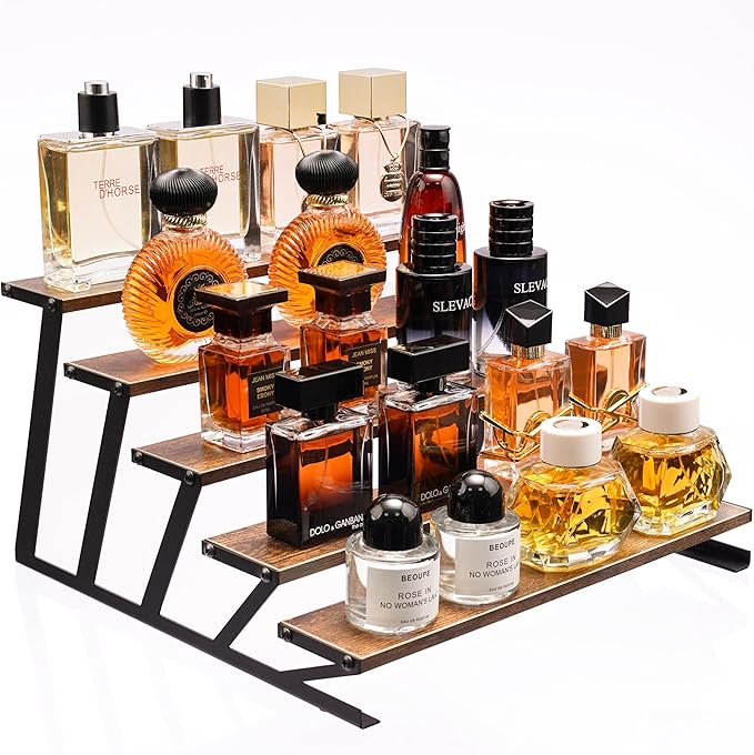 KALYLOC 5 Tier Wooden Display Riser Stand 13.8 Inch Metal Step Perfume Stand Organizer Tabletop Tiered Display Shelf Rack for Cologne Cupcake Spice Figures Cosmetics Candles (Brown, Z-Shape)