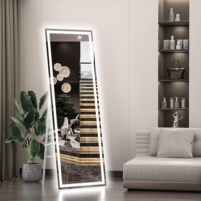 Hasipu Full Length Mirror with Lights, 56" x 15.8" LED Floor, Full Body Dressing Standing, Hanging Mounted Mirror, Square White