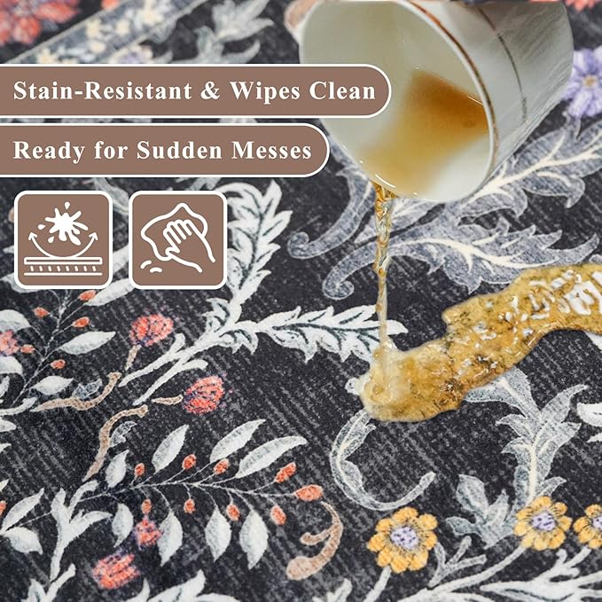 3x6 Washable Non-Slip Kitchen Runner Rug – Vintage Botanical with Animals Wide Floor Carpet Runner with Rubber Backing for Entryway, Hallway, Bathroom, Living Room, Low Pile Thin (Vibrant Black)