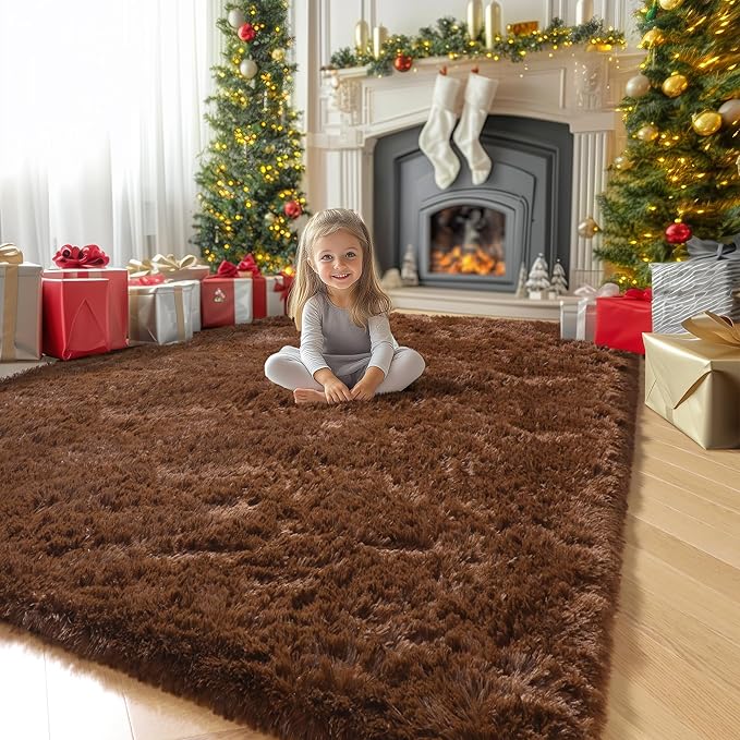 Amdrebio Dark Brown Area Rugs for Bedroom Living Room, 5x7 Fluffy Shaggy Plush Rugs for Kids Room Decor Aesthetic, Fuzzy Furry Chocolate Coffee Modern Cool Carpet for Classroom Playroom Dorm Nursery