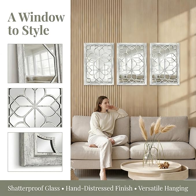 Set of 2 19x26 Inch Large Grey Shatterproof Rectangular Wall Mirrors, Boho Rustic Farmhouse Vintage Accent Mirrors for Living Room Bedroom Entryway Dining Room & Home Decor