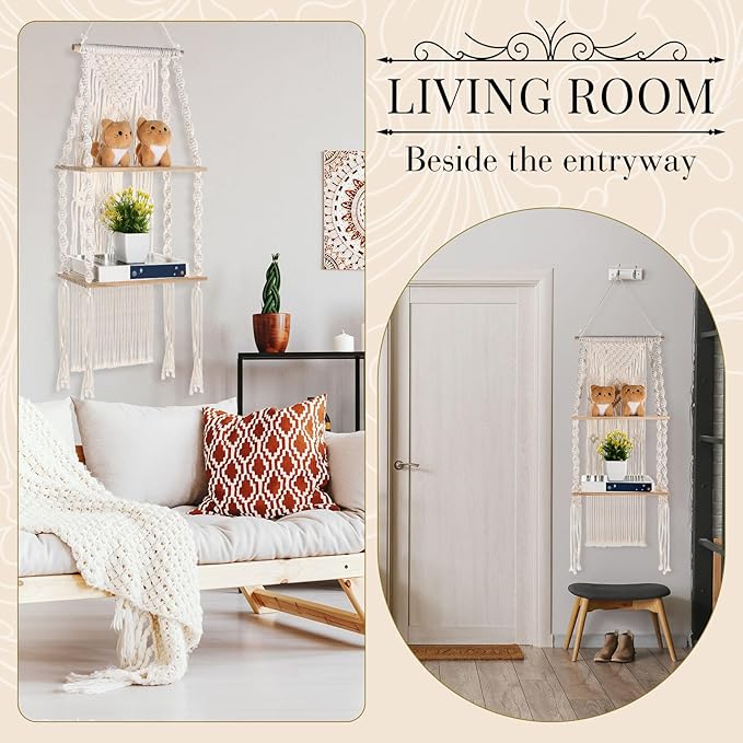 Barydat 2 Pack Macrame Wall Hanging Shelf 2 Tier Handmade Boho Hanging Wall Shelf Floating Woven Rope Decorative Storage Racks Holder Organizer for Home Bedroom Bathroom Plants, Beige (Retro)