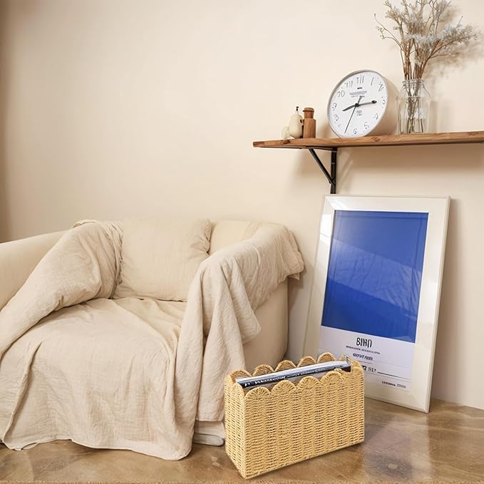 Paper Rope Magazine Holder for Floor, Wicker Magazine Basket, Tall Narrow Book Basket & File Holder for Books, Mail, Newspapers & Papers, Scalloped Storage Basket for Living Room, Office, Bedroom