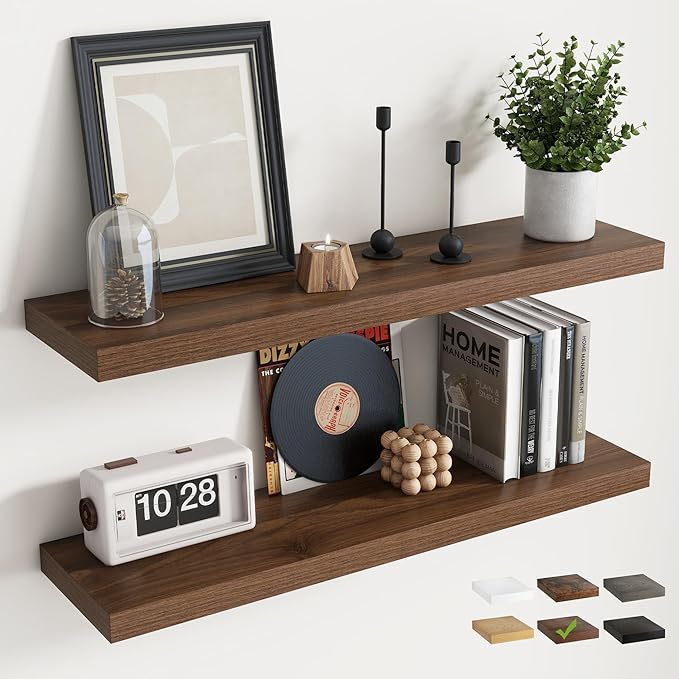 24 Inch Floating Shelves for Wall with Invisible Brackets Set of 2, 8"D Engineered Wood Wall Shelves with Wood Grain for Living Room, Bedroom, Bathroom, Kitchen Decor and Storage, Walnut Finish