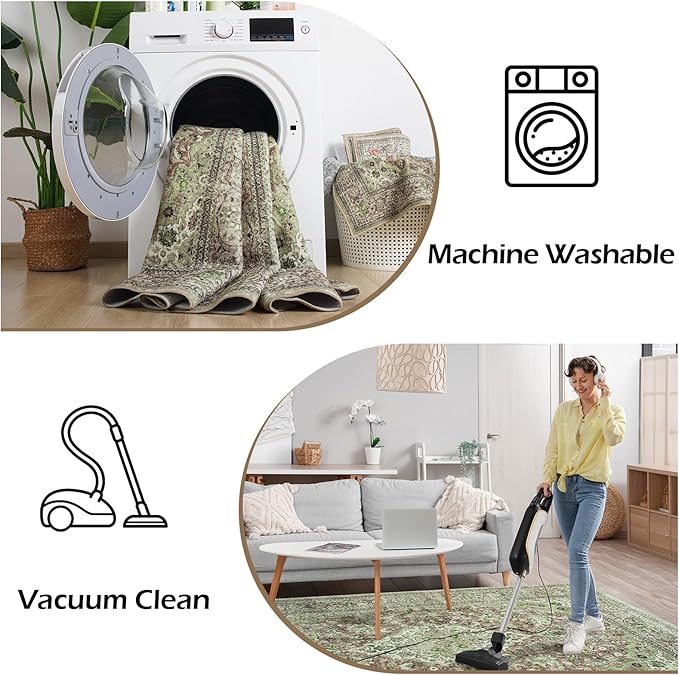 Goideal Washable Rug 3x5, Sage Green Area Rugs Non Slip, Indoor Low Pile Carpet with Rubber Backing for Living Room Kitchen Bathroom Entryway Office Bedroom