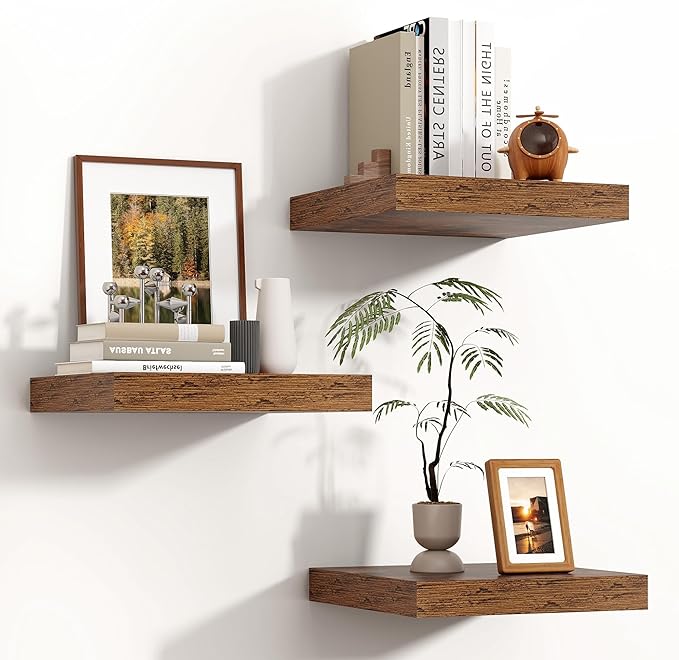 Square Floating Shelves for Wall 12"W x 12"D x 1.2"H, Small Engineered Wood Wall Shelves with Invisible Brackets for Living Room Bedroom Bathroom Office Kitchen Storage Decor, Rustic Brown, Set of 3