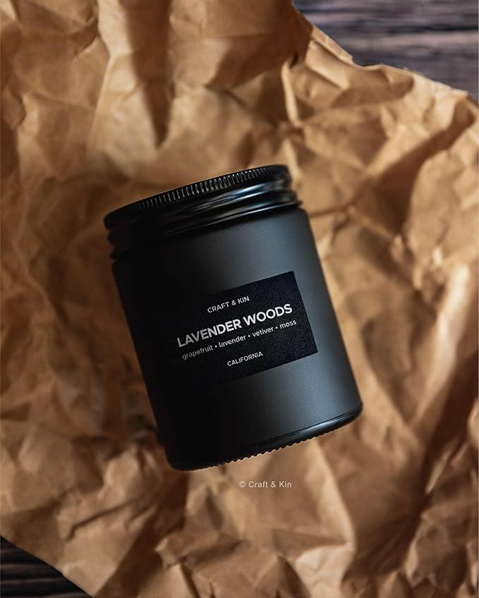 Craft & Kin Premium Lavender Woods Candle | Black Scented Candles for Men | Long Lasting with 45 Hour Burn Time, 7.6oz | Soy Candle | Aromatherapy at Home | Gifts for Men