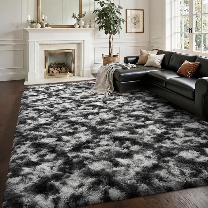 Area Rugs for Living Room 8x10Ft, Soft Fluffy Shagg Plush Bedroom Rug Non-Slip,Large Carpet for Nursery Kids Dorm Home Decor, Black