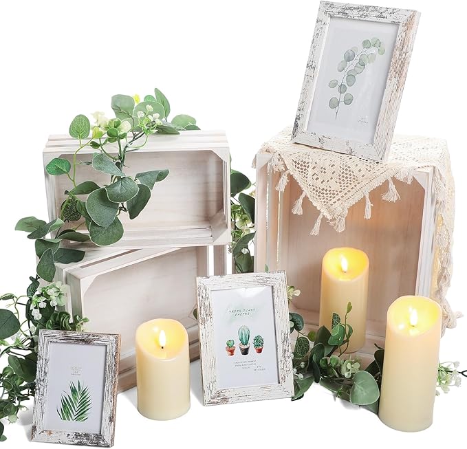 Yuntau 11 Pcs Rustic Nesting Wedding Decoration Sets, Christmas Rustic Farmhouse Decor Wood Crates for Display Decorative Box Storage Baskets Vintage Decor with Candles for Xmas Party Event(White)