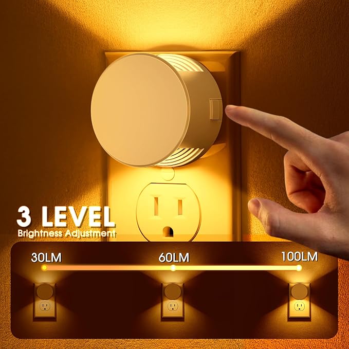Briignite Night Light [2 Pack], Night Lights Plug Into Wall, 3 Adjustable Brightness Levels, Dusk to Dawn Sensor, Soft Amber Glow, Ideal Night Light for Kids, Bedroom, Bathroom, Hallway, Nursery