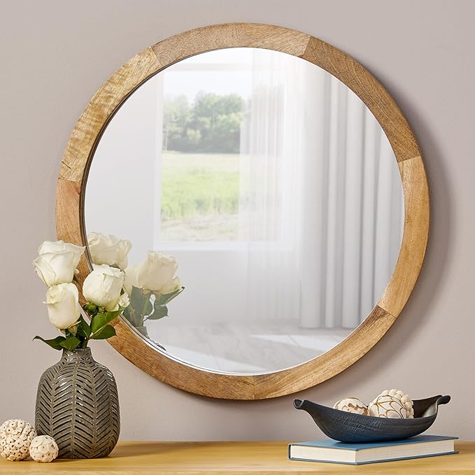 Christopher Knight Home Solis 23.50" H Round Wall Mirror, Mango Wood Wall Mirror, Tempered Glass with Natural Mango Wood Frame, Rustic Style for Living Room Hallway Home, No Assembly Needed, Natural