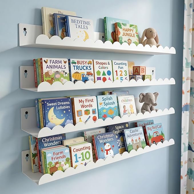 24 Inch Nursery Book Shelves Set of 4, White Metal Floating Shelves for Wall, Scalloped Cloud Book Shelf for Kids Room, Bathroom, Bedroom, Playroom Wall Decor & Storage