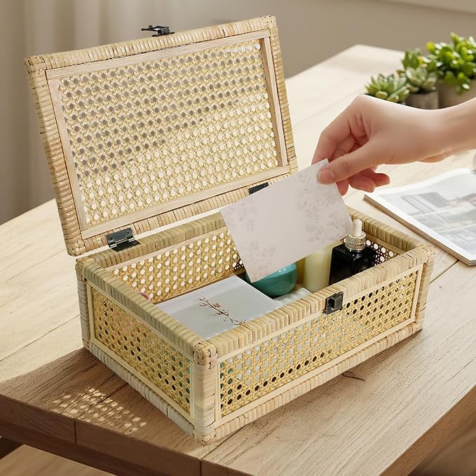 Boho Rattan Display Boxes with Rattan Lids, 3 Pcs Large Natural Handwoven Cane Basket, Home Decor Organizers Storage Bins, Natural Finish Display Boxes