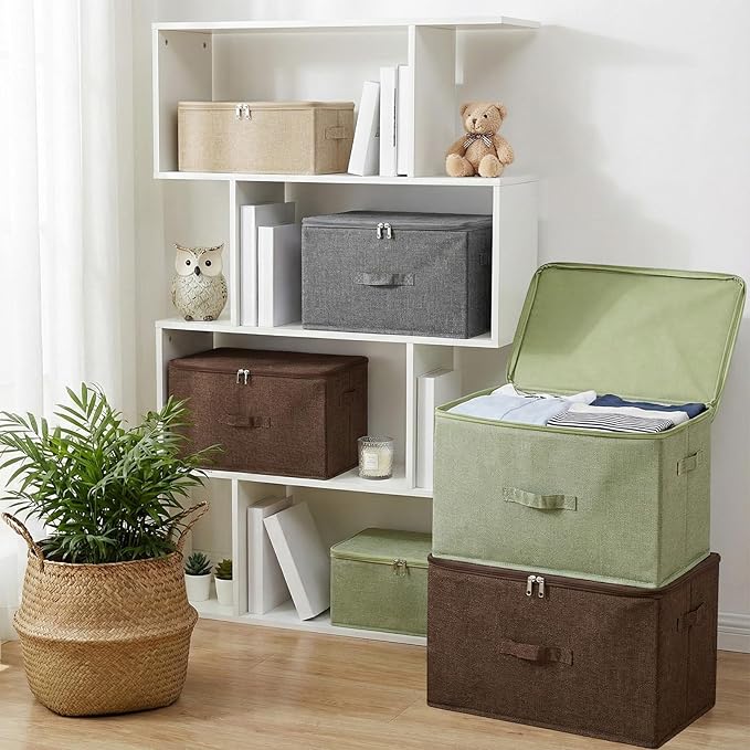 ANMINY Storage Bins with Zipper Lids 51.9 Qt Lidded Fabric Storage Boxes Baskets Cubes with Handles Collapsible Washable Cotton Linen Closet Shelf Clothes Organizer - Beige, Extra Large