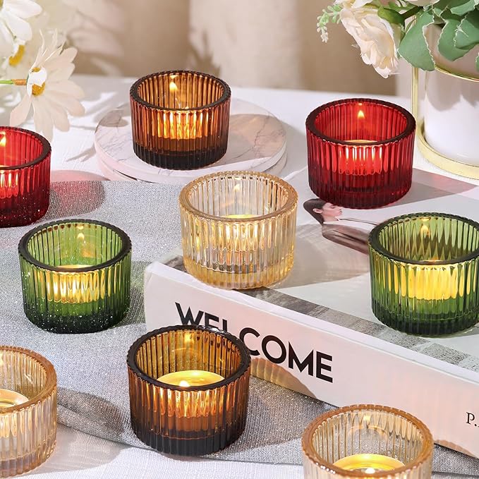 HAVITI 24 Pack Tealight Candle Holders, Multicolor Votive Tea Light Candle Holder Glass for Gold Centerpieces Fall Wedding Table Decor Home Decor