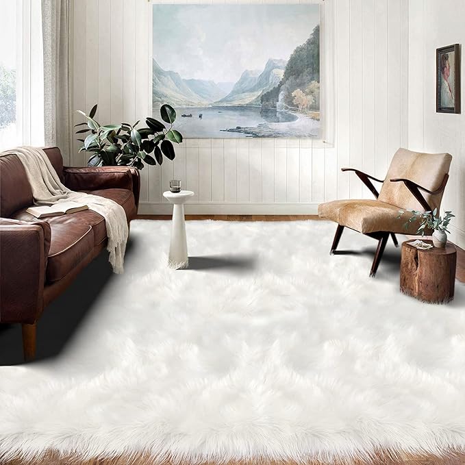 Latepis White Faux Fur 8'10"x11'10" Area Rug, Soft Plush Faux Fur Sheepskin Rugs for Living Room, Washable Fluffy Fuzzy Rug for Bedroom and Living Room, Luxury Room Decor, Rectangle