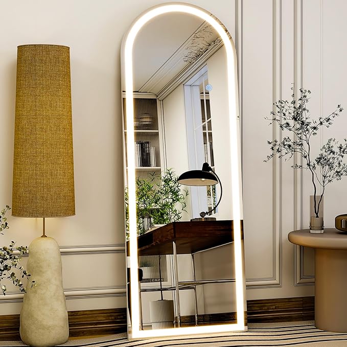GLSLAND 20"x56" Arched LED Full Length Mirror with Lights – Wall Mounted or Standing Full Body Mirror for Bedroom/Cloakroom – Dimmable with 3 Color Lighting Modes