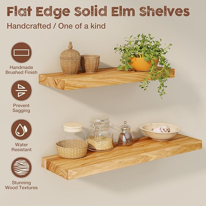 fuqing Floating Shelves for Wall, 36 inch Rustic Solid Elm Wood Floating Shelves, Wooden Wall Shelves with Invisible Heavy Duty Brackets for Living Room, Bedroom, Kitchen, Bathroom, 2 Pack, Natural