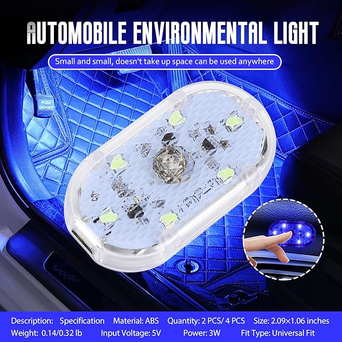 2 PCS Car LED Lights Interior Wireless, Super Bright Auto Interior Ambient Light with 6 Bright LED Lamp Beads, Portable USB Rechargeable Car Led Night Light for Vehicle Decor(Blue)