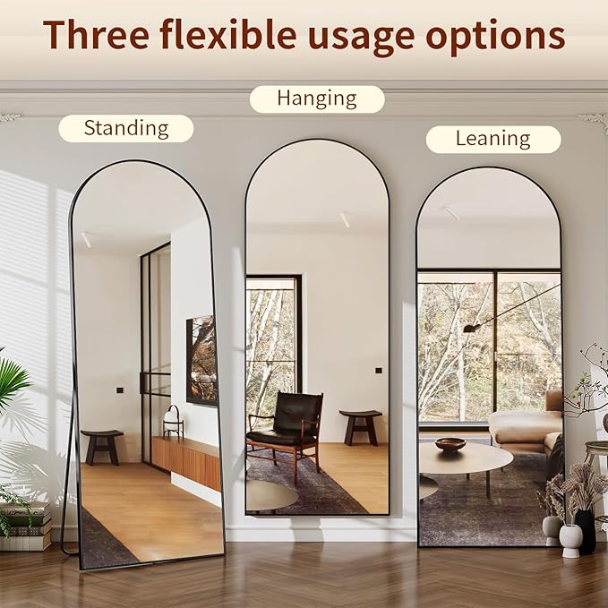 56" x 21" Arch Full Length Mirror - Floor Full Body Mirror with Aluminum Frame - Standing, Leaning or Hanging, for Bedroom, Living Room, Black