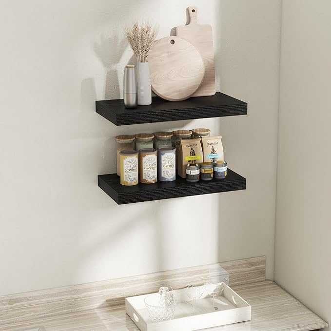 12 Inch Deep Floating Shelves for Wall, 24 x 12 Rustic Wood Grain Bathroom Shelves with Invisible Brackets, Easy Install Wood Storage Shelves for Kitchen, Living Room, Bedroom, Black, Set of 2
