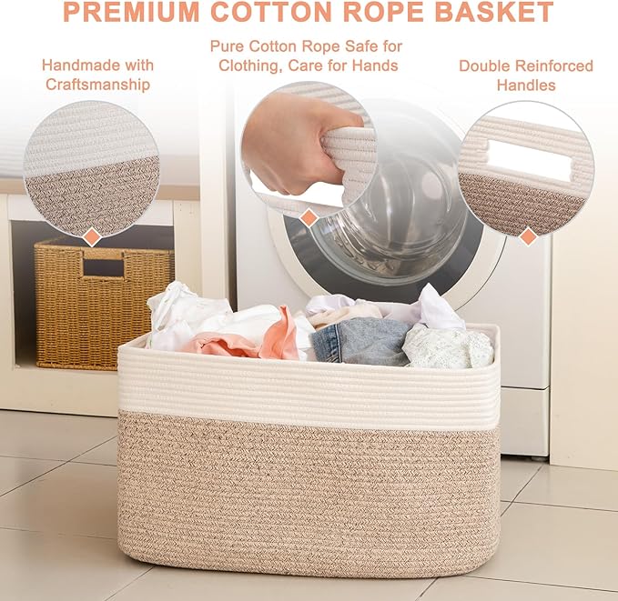 Blanket Basket, Cotton Rope Woven Storage Basket for Living Room, Toy Bin for Kids, Nursery, Baby Room Decorative Organizer, 18''×14''×12'', Brown & White